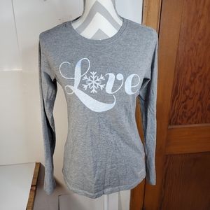 Womans Life is Good Gray Love Snowflake Long Sleeve T Shirt Size Small